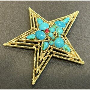 Vintage CAPRI Gold Tone Star Faux Turquoise Rhinestone Signed Brooch Pin